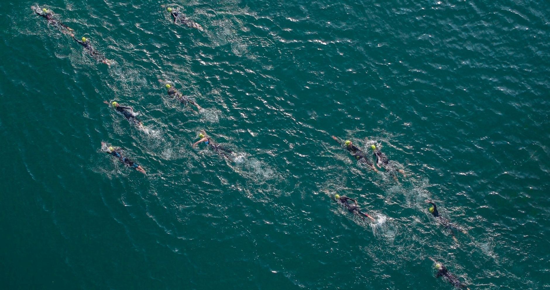 Nageurs en eau libre avançant dans une vaste étendue d